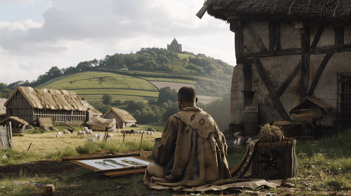 A man wrapped in embroidered cloth is contemplating a framed artwork. He sits next to a wicker basket which has yarn on top. To his right is a timberframed, rendered building. In front is a field with sheep and further agricultural buildings. Beyond this is a mound with a stone building on top of it. The image is AI generated.