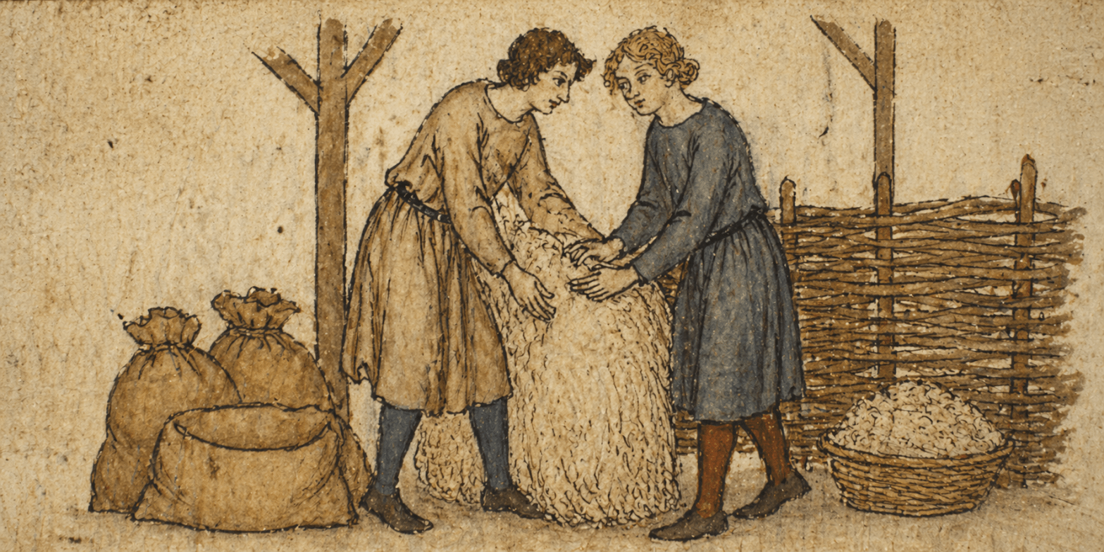 Period appropriate image of 13th century Templar preceptory workers donig farm labour. (AI Generated; author's prompt)